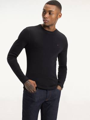 Black Tommy Hilfiger Long Sleeved Ribbed Organic Cotton Men's T Shirts | TH279XRD