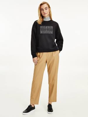 Black Tommy Hilfiger Metallic Logo Relaxed Crew Neck Women's Sweatshirts | TH560MQB