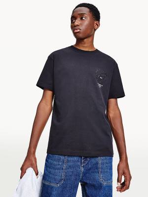 Black Tommy Hilfiger Metallic Tonal Logo Organic Cotton Men's T Shirts | TH512VUC