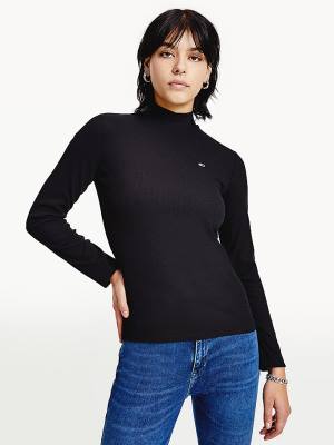 Black Tommy Hilfiger Mock Neck Long Sleeve Women's T Shirts | TH402OLR