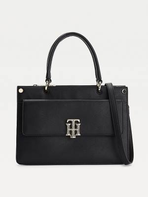 Black Tommy Hilfiger Monogram Lock Satchel Women's Bags | TH152KUE