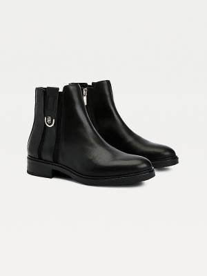 Black Tommy Hilfiger Monogram Plaque Flat Leather Ankle Women's Boots | TH759QIM