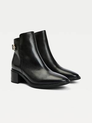 Black Tommy Hilfiger Monogram Plaque Leather Ankle Women's Boots | TH310OLN