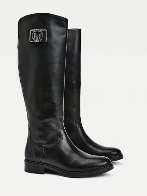 Black Tommy Hilfiger Monogram Plaque Long Leather Women's Boots | TH706NWI