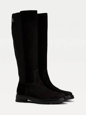 Black Tommy Hilfiger Monogram Plaque Long Leather Women's Boots | TH947TPA