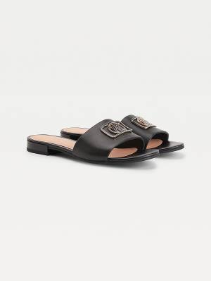 Black Tommy Hilfiger Monogram Plaque Mule Women's Sandals | TH925MWD