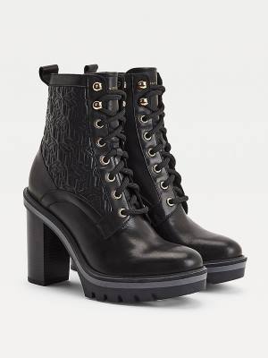 Black Tommy Hilfiger Monogram Quilted High Heel Leather Women's Boots | TH960SXU