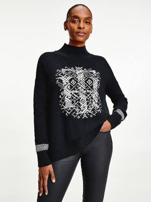 Black Tommy Hilfiger Monogram Relaxed Fit Alpaca Jumper Women's Sweaters | TH920PHQ