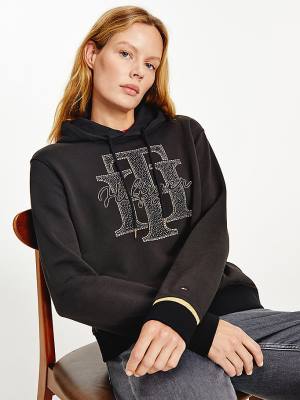 Black Tommy Hilfiger Organic Cotton Crystal Monogram Women's Hoodie | TH846ERW