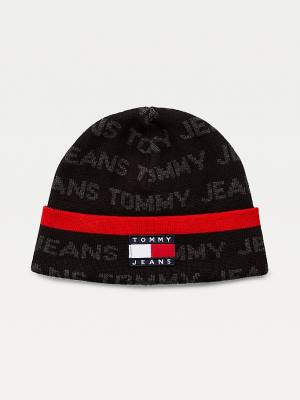 Black Tommy Hilfiger Organic Cotton Logo Print Beanie Men's Hats | TH063WCP