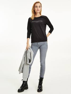 Black Tommy Hilfiger Organic Cotton Long Sleeve Women's T Shirts | TH932CAK