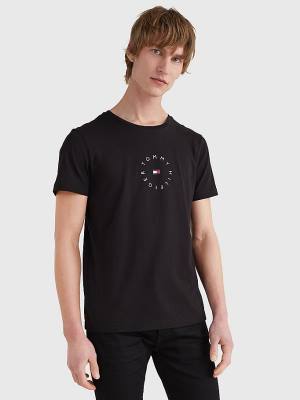 Black Tommy Hilfiger Organic Cotton Round Logo Men's T Shirts | TH649NDB