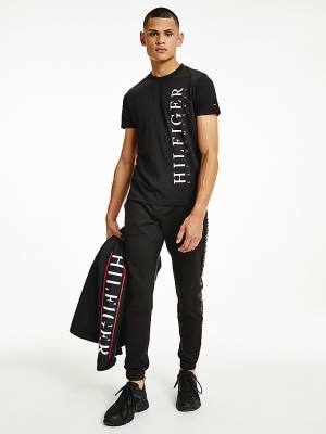 Black Tommy Hilfiger Organic Cotton Vertical Logo Men's T Shirts | TH695SNG