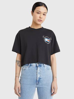 Black Tommy Hilfiger Oversized Cropped Slogan Women's T Shirts | TH465GBU