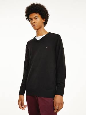 Black Tommy Hilfiger Pima Cotton Cashmere V-Neck Jumper Men's Sweaters | TH203AYB