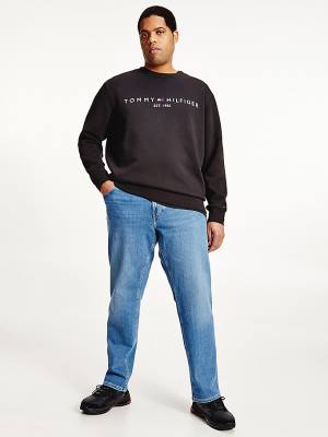 Black Tommy Hilfiger Plus Crew Neck Logo Men's Sweatshirts | TH645VUW