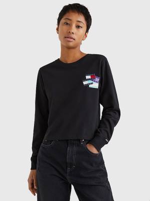 Black Tommy Hilfiger Recycled Long Sleeve Badge Women's T Shirts | TH307TIQ