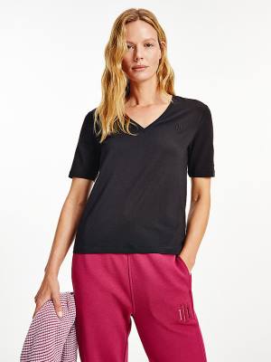 Black Tommy Hilfiger Relaxed Fit V-Neck Monogram Women's T Shirts | TH093RZQ