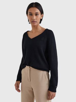 Black Tommy Hilfiger Relaxed Fit V-Neck Jumper Women's Sweaters | TH649XOV