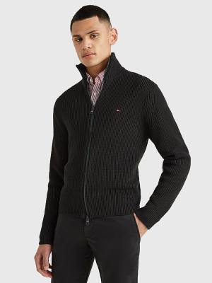 Black Tommy Hilfiger Ribbed Zip-Thru Relaxed Fit Jumper Men's Sweaters | TH873AVZ