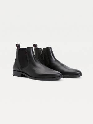 Black Tommy Hilfiger Signature Leather Zip-Up Chelsea Men's Boots | TH804ZUI