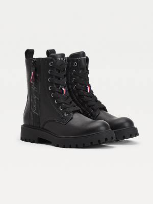 Black Tommy Hilfiger Signature Logo Cleat Lace-Up Girls' Boots | TH961GIV