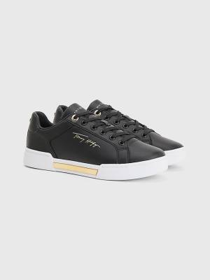 Black Tommy Hilfiger Signature Logo Leather Cupsole Women's Sneakers | TH409WAE