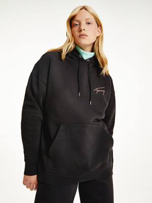 Black Tommy Hilfiger Signature Logo Oversized Women's Hoodie | TH895KSY