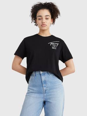 Black Tommy Hilfiger Signature Logo Relaxed Fit Women's T Shirts | TH754PNU