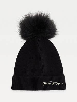 Black Tommy Hilfiger Signature Pom Pom Beanie Women's Hats | TH138WHN