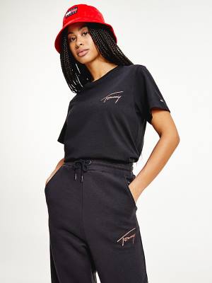 Black Tommy Hilfiger Signature Recycled Cotton Relaxed Women's T Shirts | TH287OPH