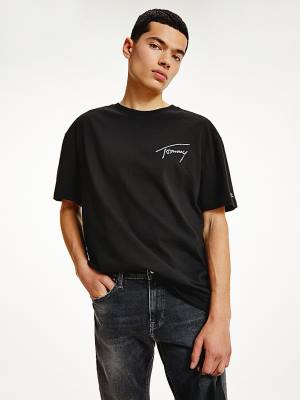 Black Tommy Hilfiger Signature Recycled Cotton Men's T Shirts | TH841PDK