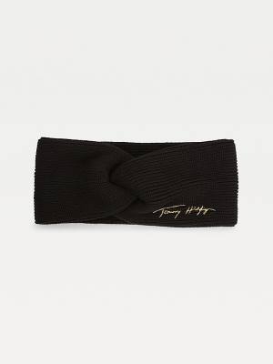 Black Tommy Hilfiger Signature Rib Knit Twist Headband Women's Hats | TH305OXL