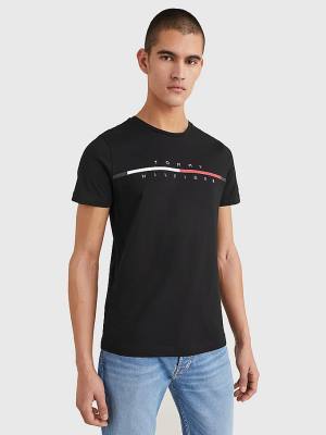 Black Tommy Hilfiger Signature Split Logo Men's T Shirts | TH925YKE