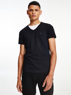 Black Tommy Hilfiger Slim Fit Cotton Men's T Shirts | TH976MYZ