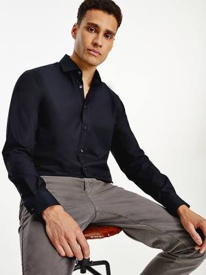 Black Tommy Hilfiger Slim Fit Stretch Cotton Men's Shirts | TH247AYK