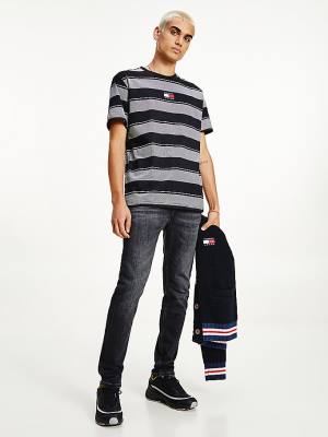 Black Tommy Hilfiger Stripe Badge Relaxed Fit Men's T Shirts | TH692OUH