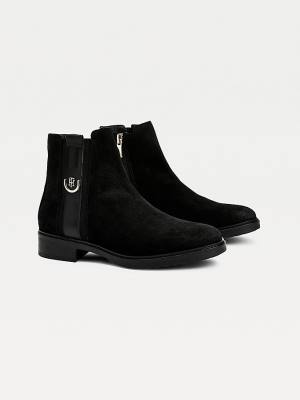 Black Tommy Hilfiger Suede Monogram Ankle Women's Boots | TH946CBW