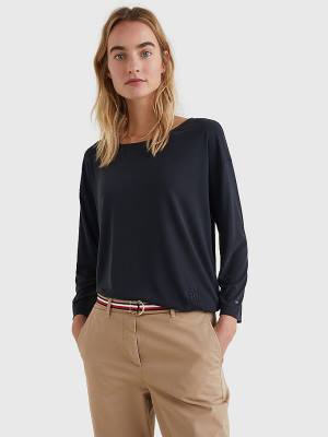 Black Tommy Hilfiger Sueded Relaxed Boat Neck Women's T Shirts | TH540JBY