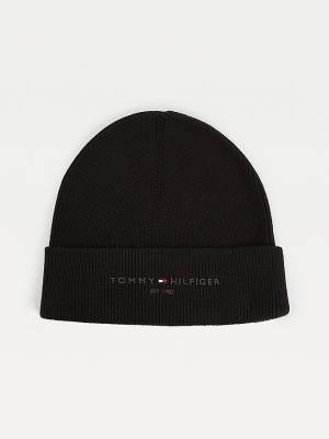 Black Tommy Hilfiger TH Established Knitted Cotton Beanie Men's Hats | TH183CHZ