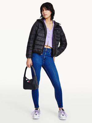 Black Tommy Hilfiger Tape Detail Quilted Hooded Women's Jackets | TH358TEZ