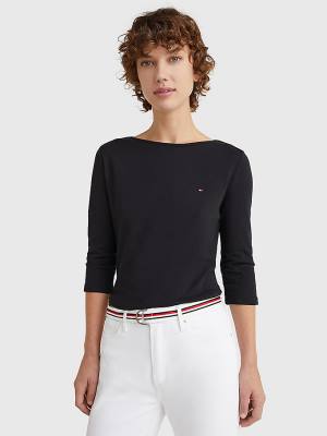 Black Tommy Hilfiger Three-Quarter Sleeve Slim Fit Women's T Shirts | TH584IXZ