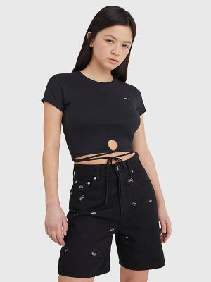 Black Tommy Hilfiger Tie Detail Cropped Women's T Shirts | TH084BEI