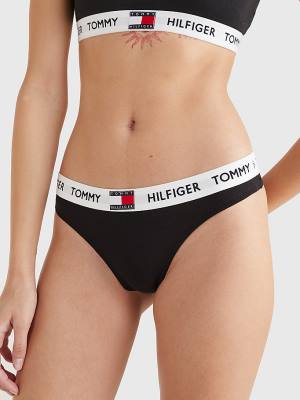 Black Tommy Hilfiger Tommy 85 Stretch Cotton Logo Thong Women's Underwear | TH068HQR