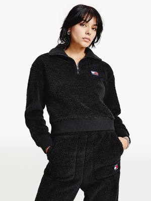 Black Tommy Hilfiger Tommy Badge Boxy Plush Fleece Sweatshirt Women's Hoodie | TH293OIC