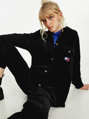 Black Tommy Hilfiger Tommy Badge Corduroy Oversized Fit Overshirt Women's Shirts | TH298HRU