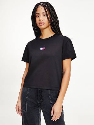 Black Tommy Hilfiger Tommy Badge Crew Neck Women's T Shirts | TH048VIJ