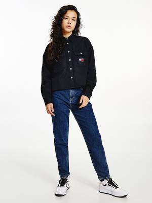 Black Tommy Hilfiger Tommy Badge Cropped Utility Women's Shirts | TH184KBW