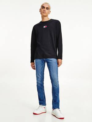 Black Tommy Hilfiger Tommy Badge Long Sleeve Men's T Shirts | TH049MJK