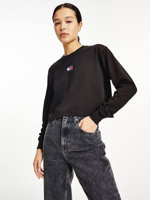 Black Tommy Hilfiger Tommy Badge Long Sleeve Women's T Shirts | TH439ESX